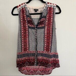 Lucky Brand Sleeveless Boho Printed Button Front Embroidered Knit Top Size S